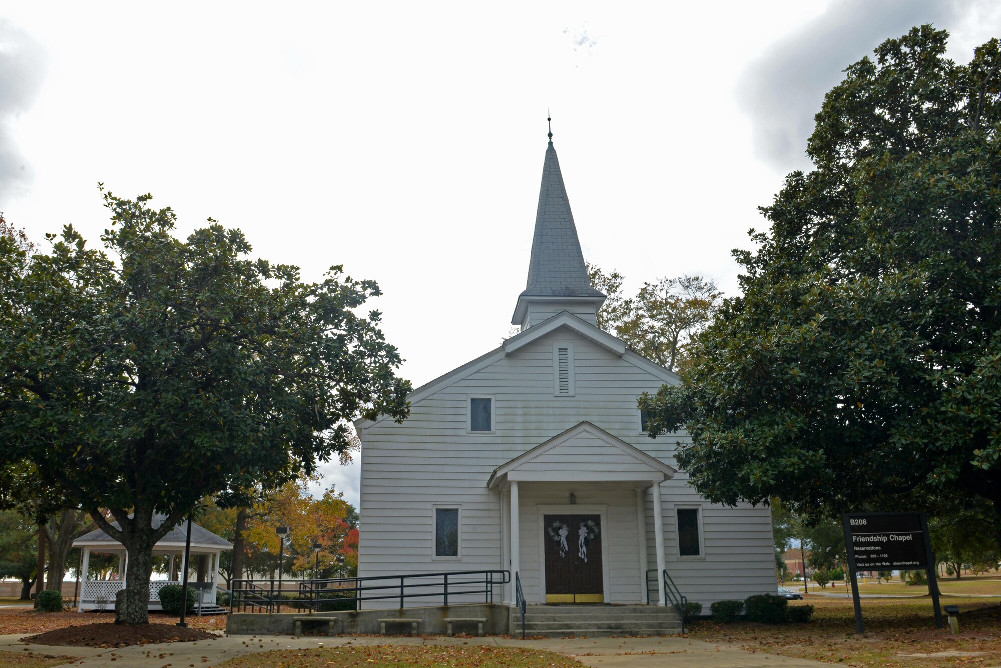 Friendship Chapel on Shaw Drive at Shaw Air Force Base, S.C., Nov. 29, 2016. The chapel is the oldest building on base, but still actively offers religious services and hosts weddings. (U.S. Air Force photo by Airman 1st Class Destinee Sweeney)