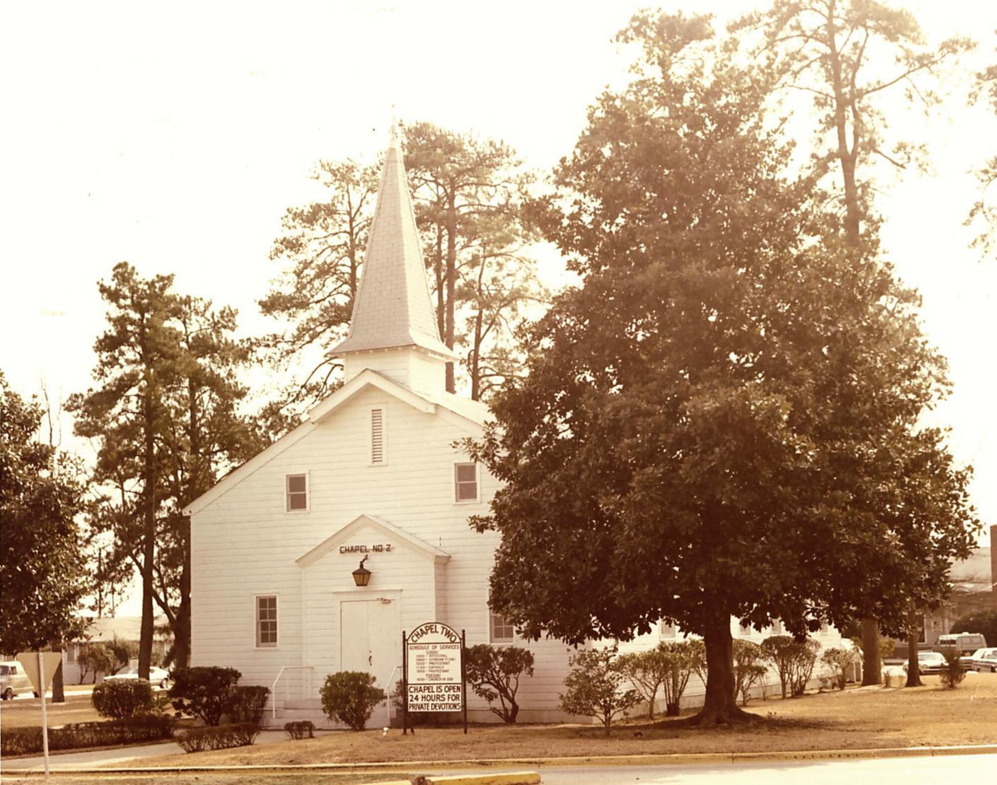 Friendship Chapel, also known as Chapel Two, at Shaw Air Force Base, S.C., circa 1980. Friendship Chapel was built in 1941, designed with standard U.S. Army specifications of the time. (Courtesy photo)