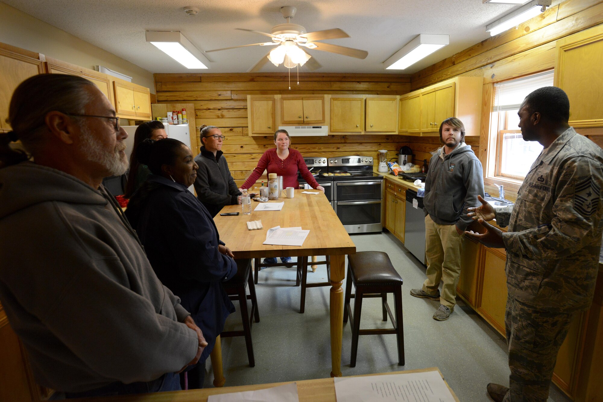 U.S. Air Force Chief Master Sgt. Christopher McKinney, 20th Fighter Wing command chief, speaks to 20th Force Support Squadron staff at Wateree Recreation Area near Camden, S.C., Nov. 28, 2016. McKinney traveled to Wateree to recognize the staff’s efforts in maintaining the area, which keeps it beautiful and inviting to guests. (U.S. Air Force photo by Airman 1st Class Kelsey Tucker)