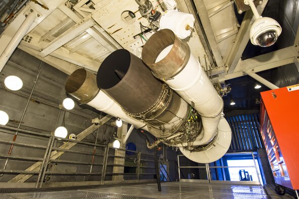 A TF33 Pratt and Whitney engine undergoes testing in an Arnold Engineering Development Center in Tennessee to verify and validate newly redesigned components of the engine. The TF33 has powered several different military airframes, including the KC-135 Stratotanker, E-3 Sentry (AWACS) and the E-8 Joint STARS. (U.S. Air Force photo/Rick Goodfriend)