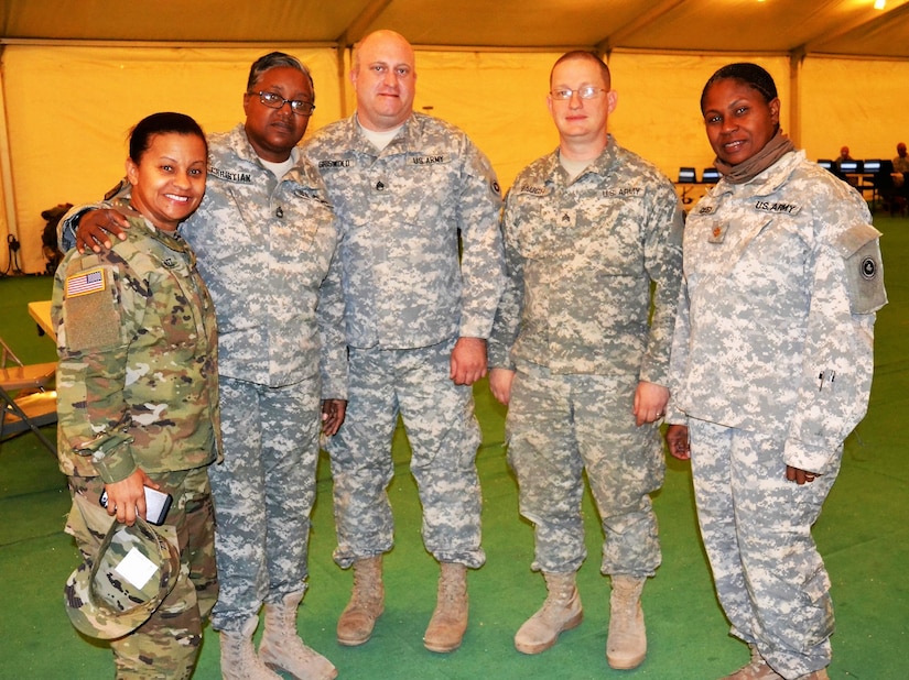 Chief Warrant Officer 2 Ana Martinez, Sgt. 1st Class Cecile Christian, Staff Sgt. Anthony Griswold, Sgt. Matthew Baugh, and Maj. Annie Green, the 650th Regional Support Group personnel organization ran the Reception Staging Onward-Movement Integration station at the Fort Irwin National Training Center November 17-20, where Soldiers were processed in and out of the Field Training Exercise. Combat readiness remains a high priority for U.S. Army Reserve unit throughout the Army.