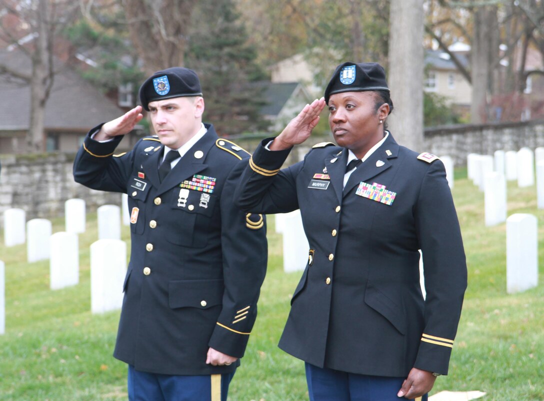 Soldiers from the 84th Training Command salute as part of the Wreath Laying Ceremony at the Zachary Taylor National Cemetery in Louisville, Kentucky on November 23, 2016. This is the fifth year that the Command has participated in this annual event held in honor of President Taylor's birthday. U.S. Army Reserve photo by Lt. Col. Dana Kelly, 84th Training Command Public Affairs