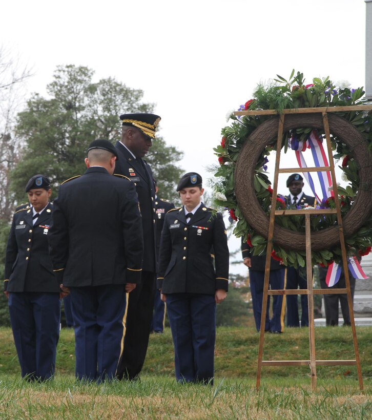 Brig. Gen. Michael Dillard, Commanding General of the 78th Training Division, prepares to lay the wreath as part of Ceremony at the Zachary Taylor National Cemetery in Louisville, Kentucky on November 23, 2016. Each year, the White House selects a general officer to preside over a wreath laying ceremony in honor of each former President's birthday. U.S. Army Reserve photo by Lt. Col. Dana Kelly, 84th Training Command Public Affairs