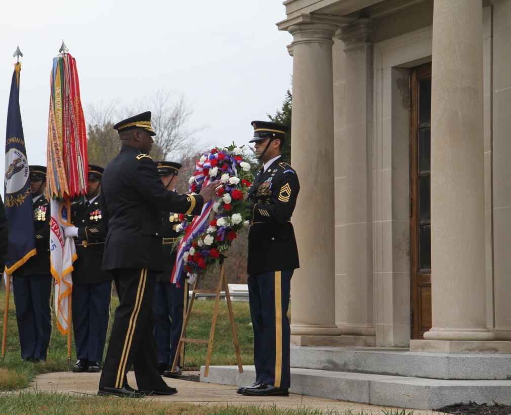 Brig. Gen. Michael Dillard, Commanding General of the 78th Training Division, lays the wreath as part of a ceremony at the Zachary Taylor National Cemetery in Louisville, Kentucky on November 23, 2016. Each year, the White House selects a general officer to preside over a wreath laying ceremony in honor of each former President's birthday. U.S. Army Reserve photo by Lt. Col. Dana Kelly, 84th Training Command Public Affairs