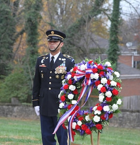 A member of the Human Resources Command Honor Guard guards the wreath during the Wreath Laying Ceremony at the Zachary Taylor National Cemetery in Louisville, Kentucky on November 23, 2016. The ceremony is held annually in honor of President Taylor's birthday. U.S. Army Reserve photo by Lt. Col. Dana Kelly, 84th Training Command Public Affairs