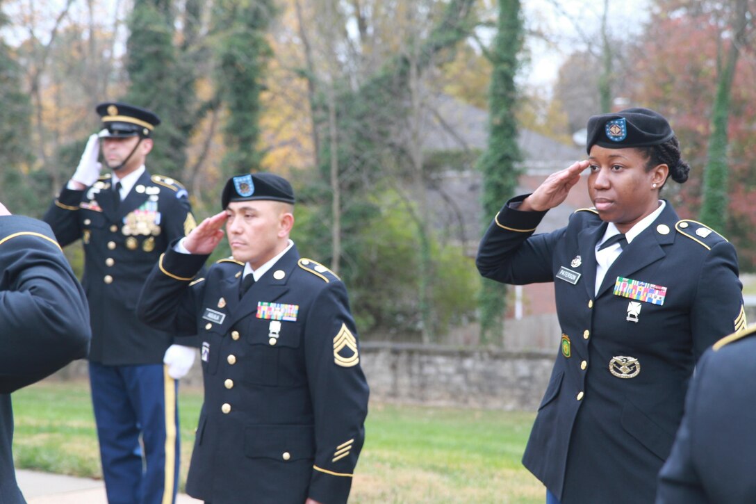 Soldiers from the 84th Training Command salute as part of the Wreath Laying Ceremony at the Zachary Taylor National Cemetery in Louisville, Kentucky on November 23, 2016. This is the fifth year that the Command has participated in this annual event held in honor of President Taylor's birthday. U.S. Army Reserve photo by Lt. Col. Dana Kelly, 84th Training Command Public Affairs