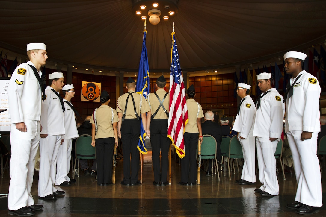 A Navy Junior ROTC color guard from South Effingham High School presents the colors during a Pearl Harbor remembrance ceremony at the National Museum of the Mighty Eighth Air Force in Pooler, Georgia, Dec. 4, 2016. Army photo by Spc. Scott Lindblom