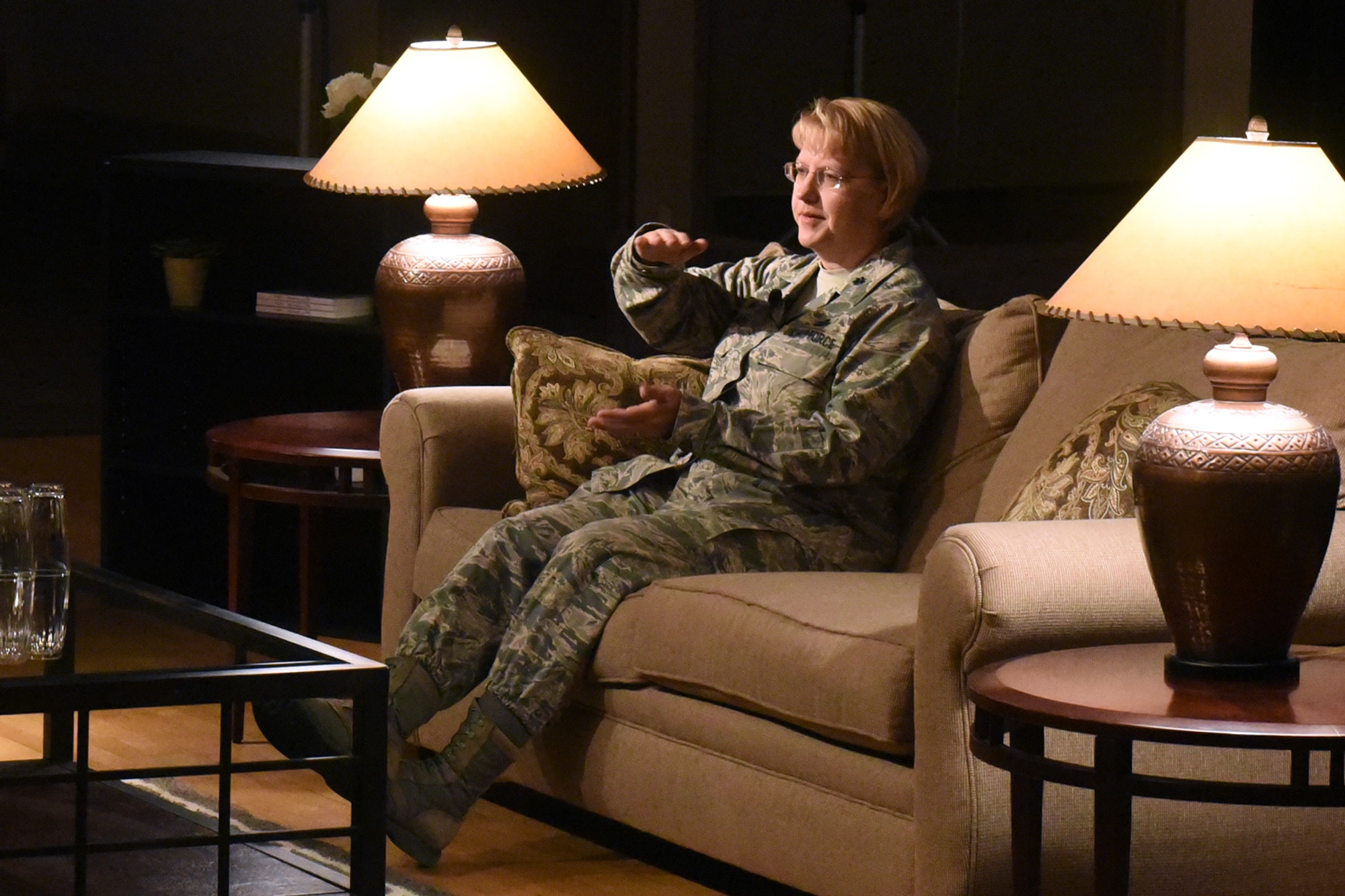 PETERSON AIR FORCE BASE, Colo. – Lt. Col. Christine Millard, 21st Comptroller Squadron commander, tells her story of battling cancer at the Storyteller’s event, Nov. 2, 2016 at The Club on Peterson Air Force Base, Colo. She talked about the support she received from her family and coworkers who helped her through her treatment. (U.S. Air Force photo by David Meade)