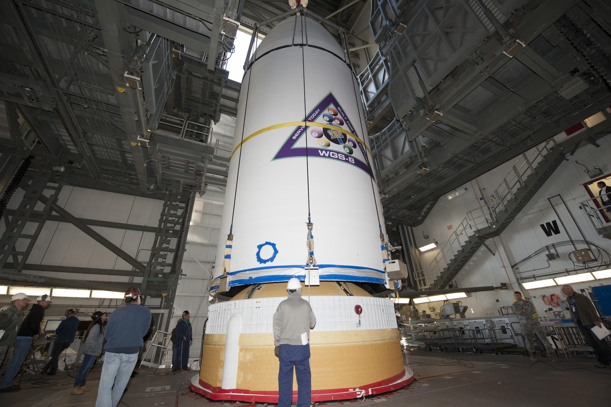 The U.S. Air Force's eighth Wideband Global SATCOM (WGS) satellite, encapsulated in a 5-meter payload fairing, is mated to a Delta IV booster at Cape Canaveral Air Force Station's Space Launch Complex (SLC)-37. (Photo courtesy of ULA)
