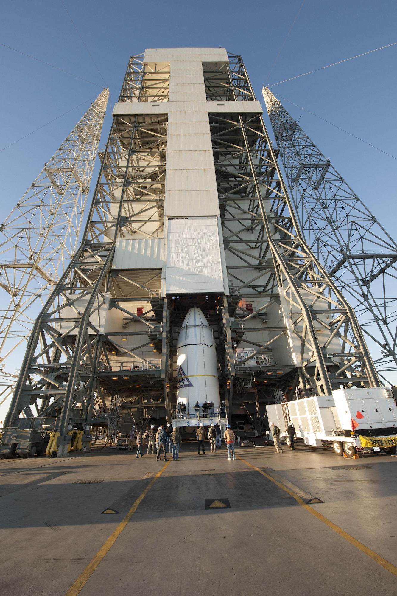 The U.S. Air Force's eighth Wideband Global SATCOM (WGS) satellite, encapsulated in a 5-meter payload fairing, is mated to a Delta IV booster at Cape Canaveral Air Force Station's Space Launch Complex (SLC)-37. (Photo courtesy of ULA)
