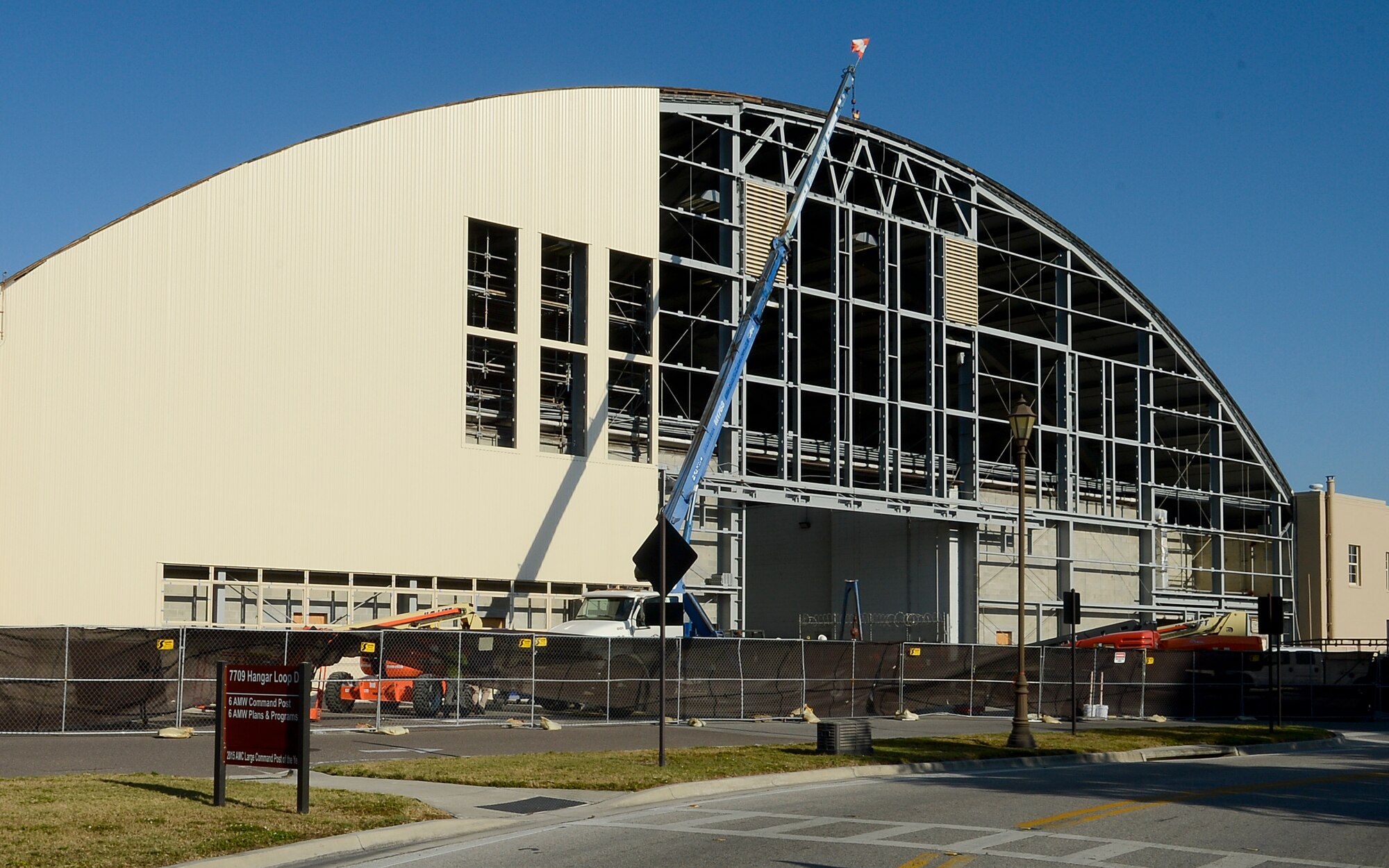 The 6th Civil Engineer Squadron reconstructs Hangar 2 to extend its lifespan Dec. 2, 2016, at MacDill Air Force Base, Fla. Reconstruction began Aug. 8, 2016, and is scheduled for completion April 3, 2017. (U.S. Air Force photo by Senior Airman Jenay Randolph)