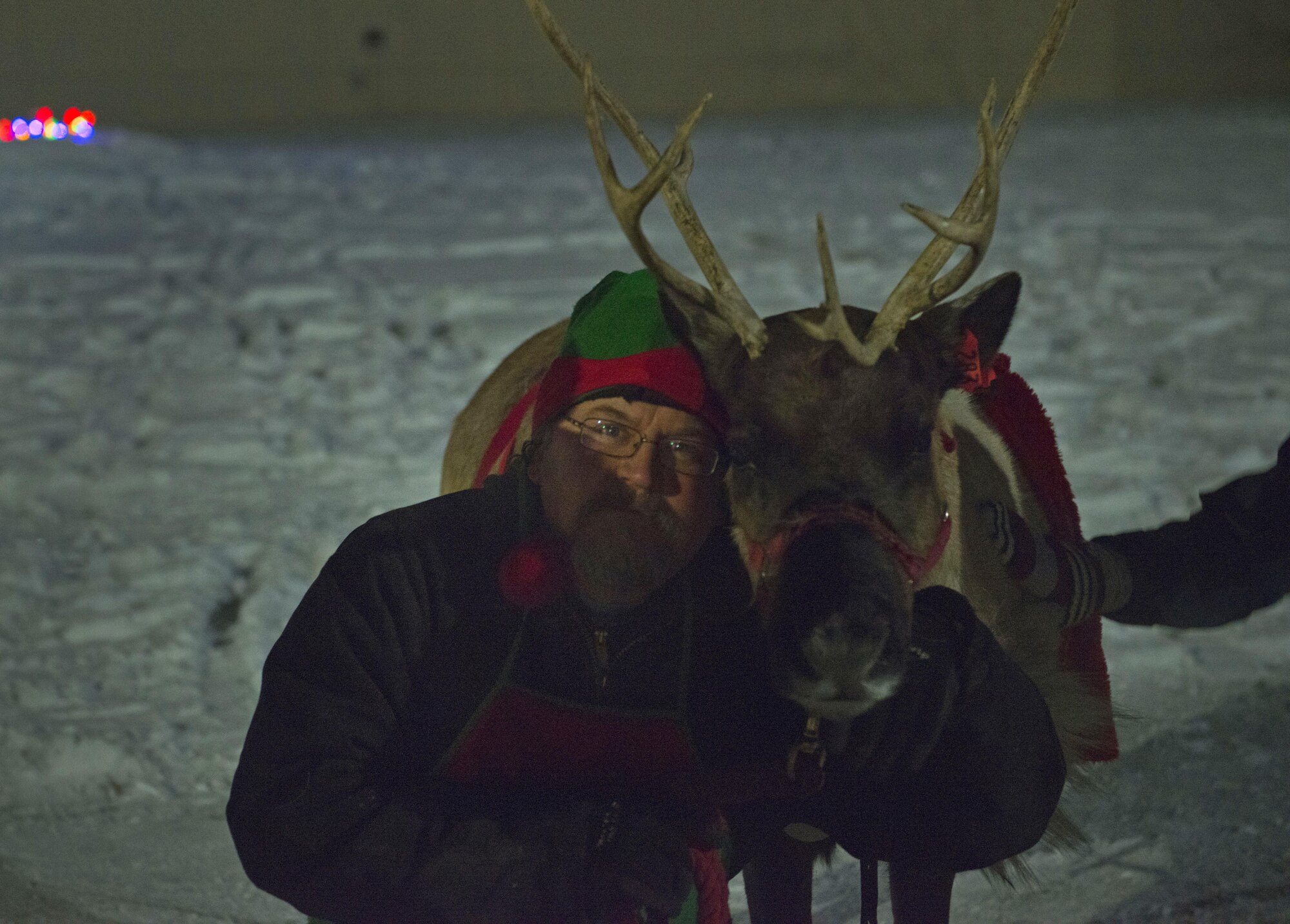 Service members and families meet Blitzen the reindeer during the annual Joint Base Elmendorf-Richardson Holiday Tree Lighting, at JBER, Alaska, Dec. 1, 2016. The event featured musical selections from the Ursa Major Elementary School choir and Central Middle School choir, and a guest appearance by Mr. and Mrs. Santa Claus. 