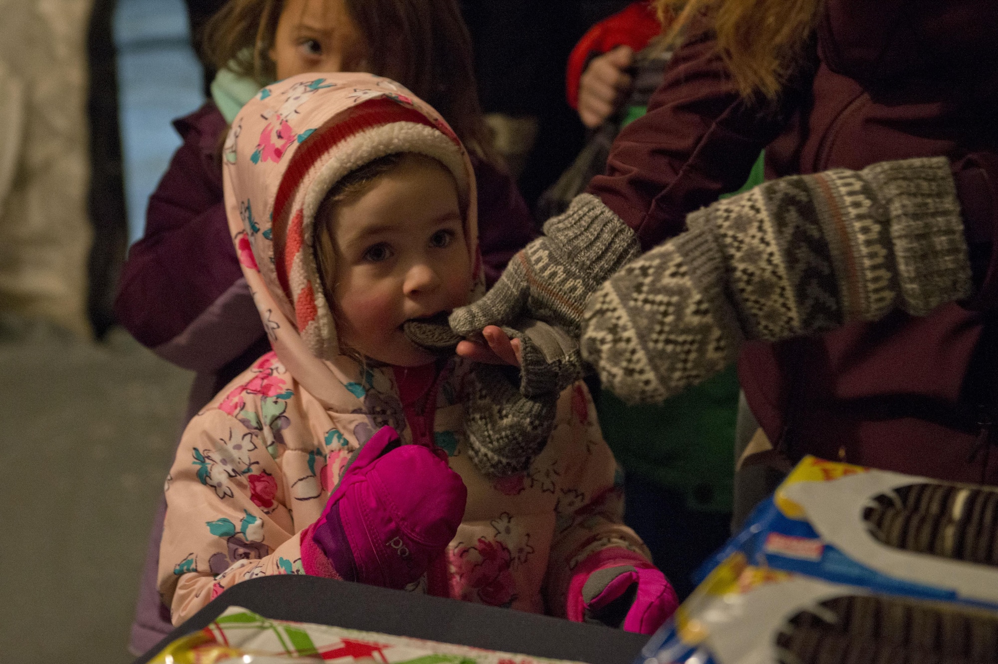 Service members and families enjoy cookies and hot chocolate during the annual Joint Base Elmendorf-Richardson Holiday Tree Lighting, at JBER, Alaska, Dec. 1, 2016. The event featured musical selections from the Ursa Major Elementary School choir and Central Middle School choir, and a guest appearance by Mr. and Mrs. Santa Claus. 