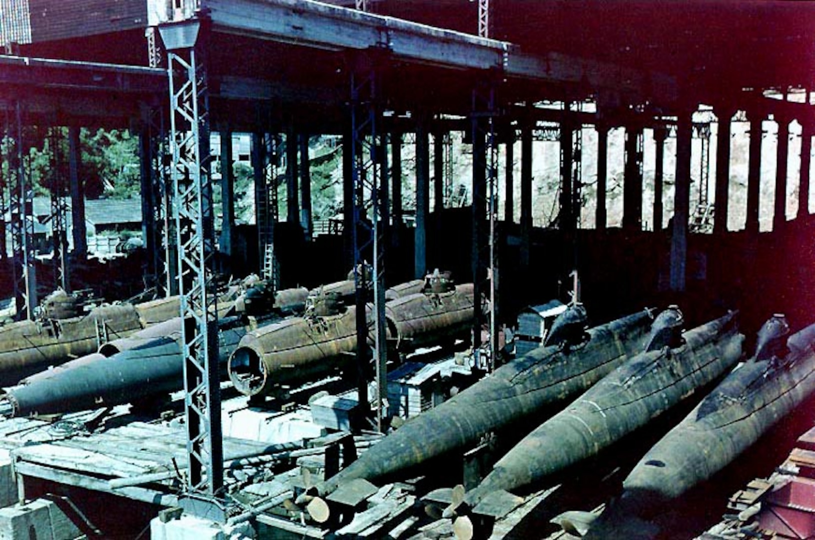 Sometime in the 1940s, submarines await deployment at what is now DLA Distribution's facility in Yokosuka, Japan.