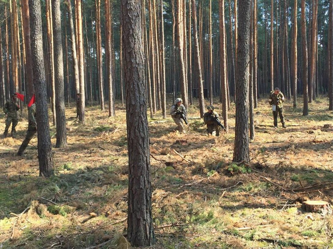 Army reserve Soldiers with the Military Reserve Exchange Program 2016 due buddy team drills with German Armed Forces Soldiers on an obstacle course.