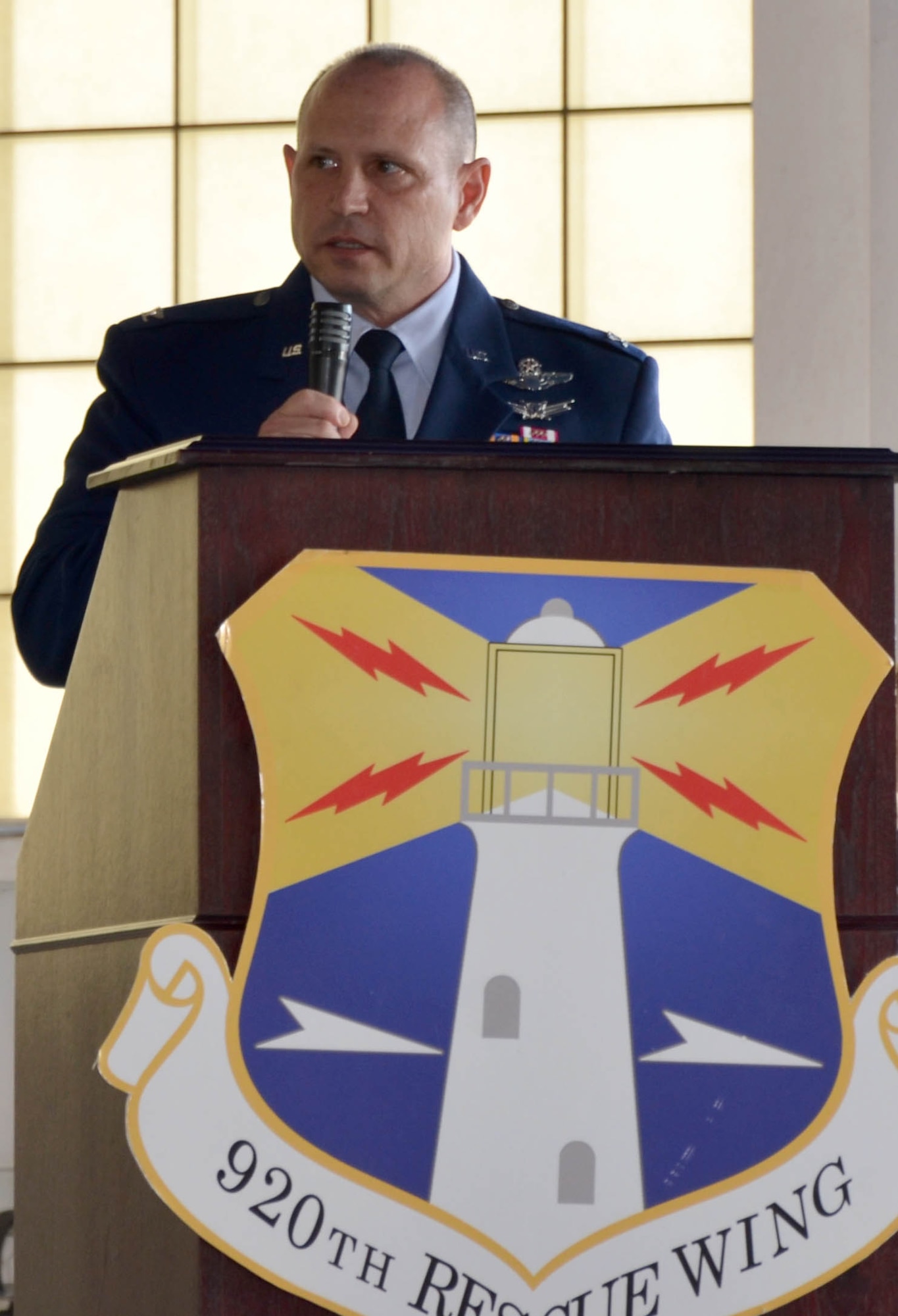 After assuming command of the 920th Rescue Wing, Patrick Air Force Base, Florida,  Dec. 3, Col. Kurt Matthews addressed wing Airman. Matthews replaced Col. Jeffrey L. Macrander who served as the 920th RQW commander from August 2011 to December 2016. Approximately 400 civilian and military guests were in attendance. (U.S. Air Force photo./1st Lt. Anna-Marie Wyant)