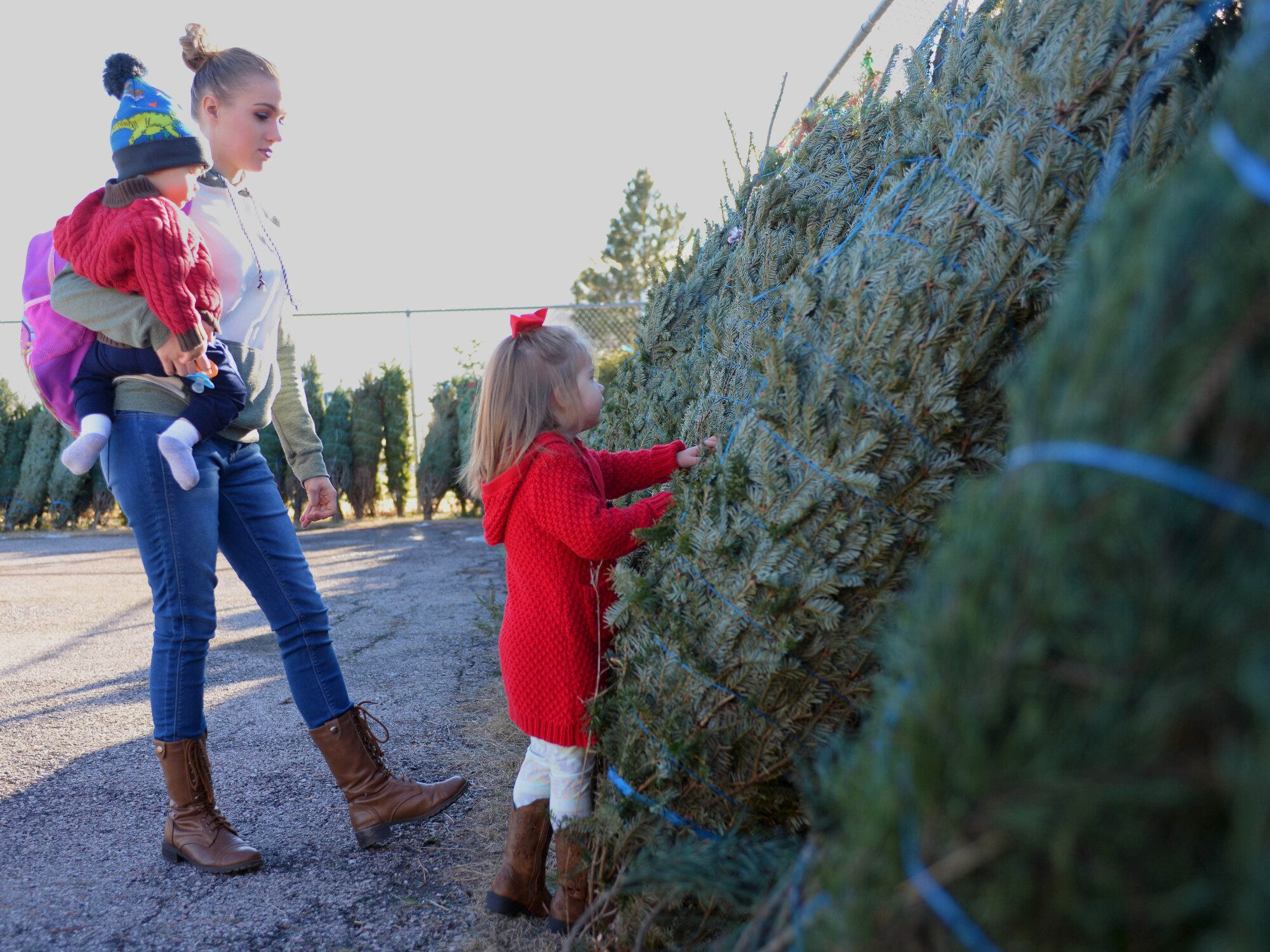 Tashina Thompson, spouse of Senior Airman Jordan Thompson, who is currently serving overseas, watches as her daughter Allyanna picks a Christmas tree during Ellsworth’s ninth annual Trees for Troops event Dec. 2, 2016. This year was Thompson’s first time participating in the program, and says it was a wonderful feeling being able to have a Christmas tree. (U.S. Air Force photo by Airman 1st Class Denise M. Jenson)