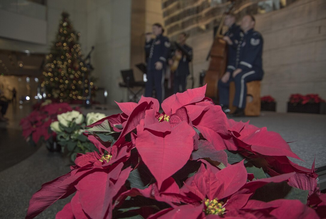 The U.S. Air Force Band’s Airmen of Note performs amid Christmas decorations at the National Museum of American History in Washington, D.C., Dec. 3, 2016. The group of five played their combination of holiday classics titled “High Flight” over a two-day period for museum visitors. (U.S. Air Force photo by Senior Airman Jordyn Fetter)