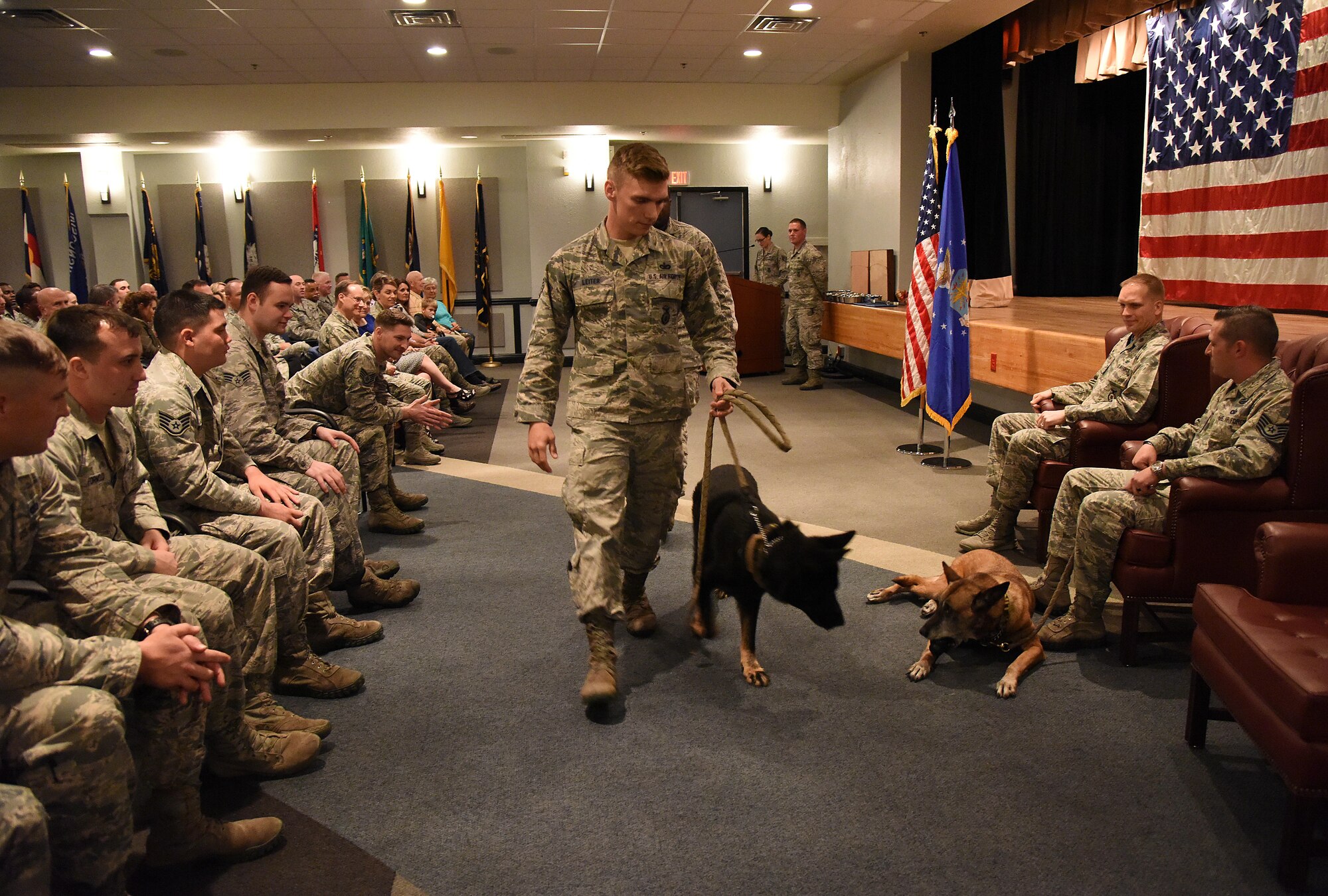 Staff Sgt. Jordan Leiter, 81st Security Forces Squadron military working dog handler, escorts Ares, 81st SFS military working dog, back to their seats during Ares’ retirement ceremony at the Keesler Medical Center Don Wylie Auditorium Dec. 2, 2016, on Keesler Air Force Base, Miss. Ares served more than eight years in the Air Force. After serving together for two years, to include one deployment, Leiter adopted Ares. (U.S. Air Force photo by Kemberly Groue)
