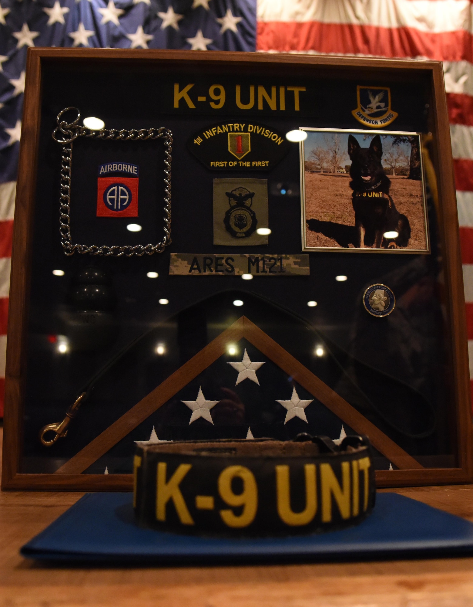 A shadowbox for Ares, 81st Security Forces Squadron military working dog, sits on display during his retirement ceremony at the Keesler Medical Center Don Wylie Auditorium Dec. 2, 2016, on Keesler Air Force Base, Miss. He served more than eight years in the Air Force. After serving together for two years, to include one deployment, Staff Sgt. Jordan Leiter, 81st SFS military working dog handler, adopted Ares. (U.S. Air Force photo by Kemberly Groue)