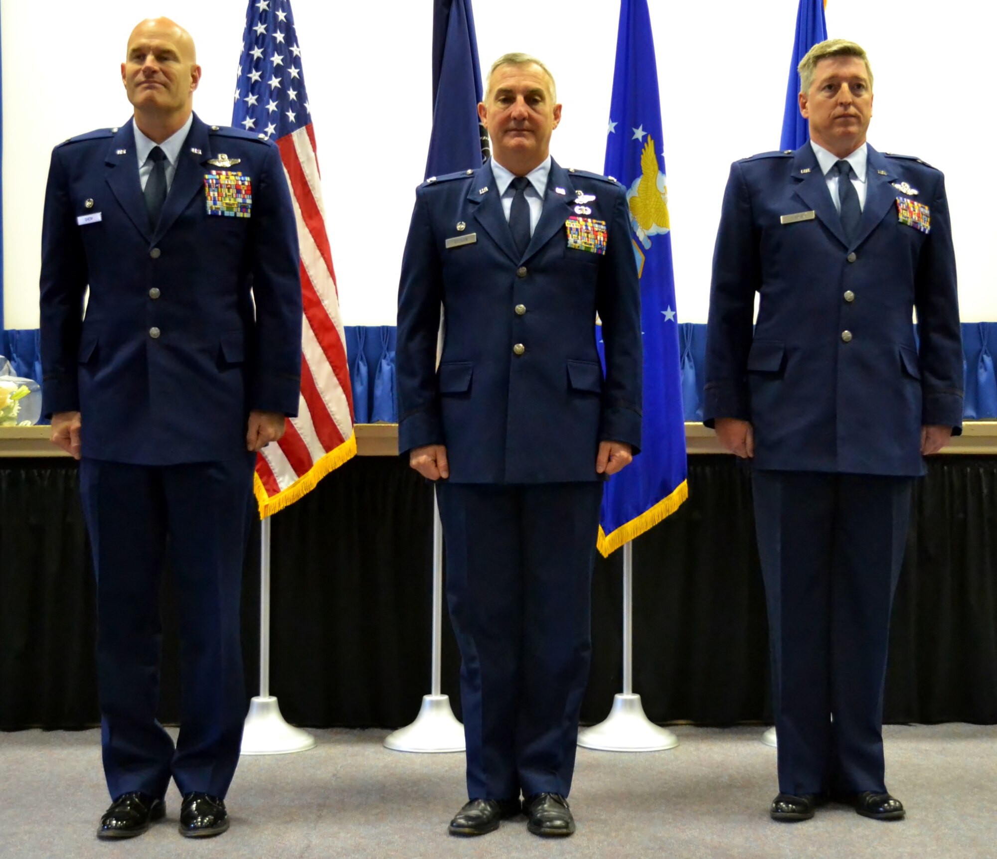 From left to right, retiring Col. Michael Shenk, Col. Howard Eissler, the 111th Attack Wing commander, and Col. John O’Brien, 111th Operations Group commander, stand at attention during the 111th OG Change of Command Ceremony conducted at the 111th Attack Wing headquarters, Horsham Air Guard Station, Pa., Dec. 3, 2016. O’Brien, a former A-10 Thunderbolt II pilot, earned the Distinguished Flying Cross during his career. (U.S. Air National Guard photo by Tech. Sgt. Andria Allmond)