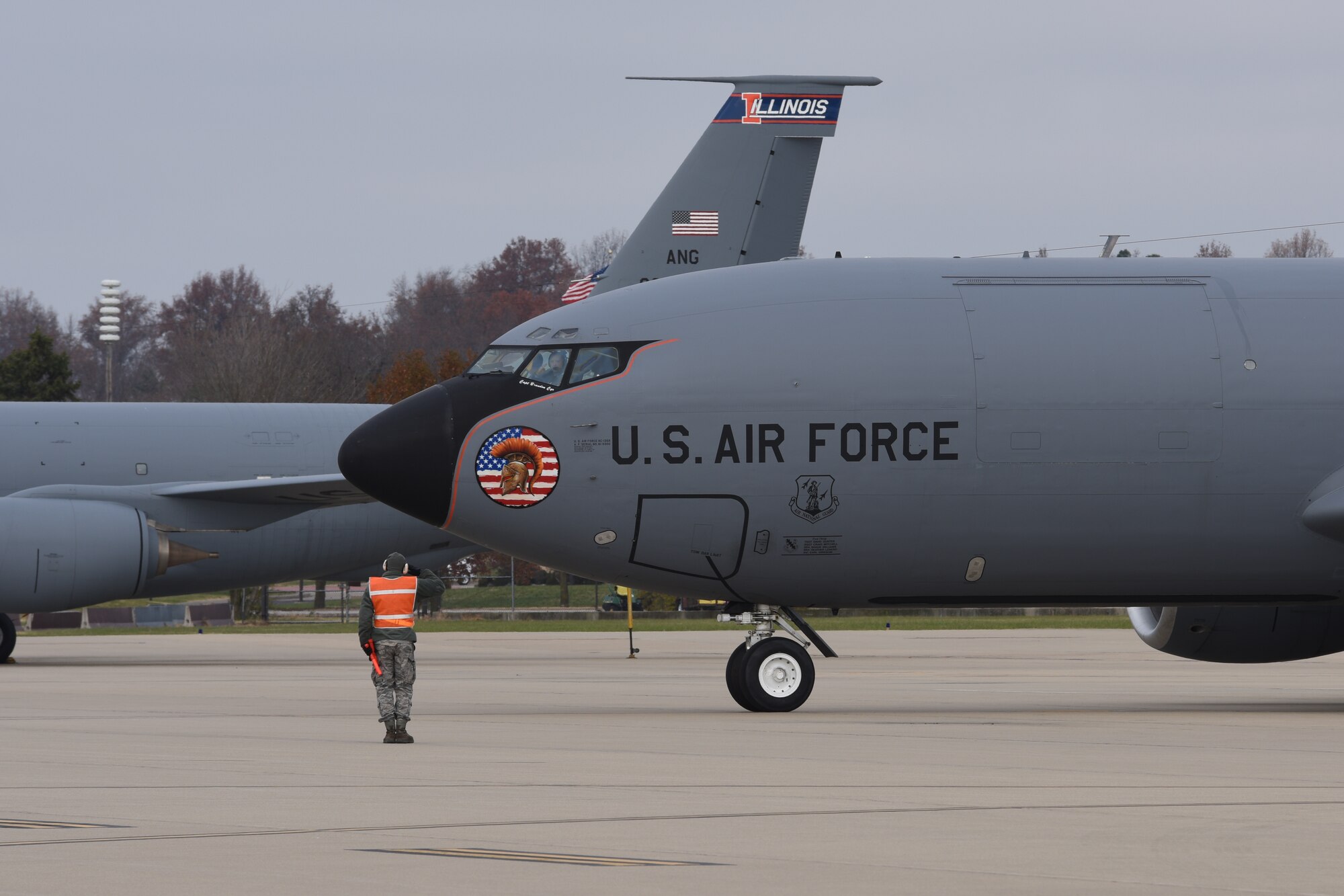 A KC-135R Stratotanker assigned to the 126th Air Refueling Wing at Scott Air Force Base, Ill., launches on a black letter flight, Dec. 5, 2016.  This is the first black letter flight for the 126 ARW and the first time since 2014 for the Air Force. A black letter flight occurs when their are zero discrepancies or maintenance issues on the aircraft. (Air National Guard photo by Staff Sgt. Andrew Kleiser)