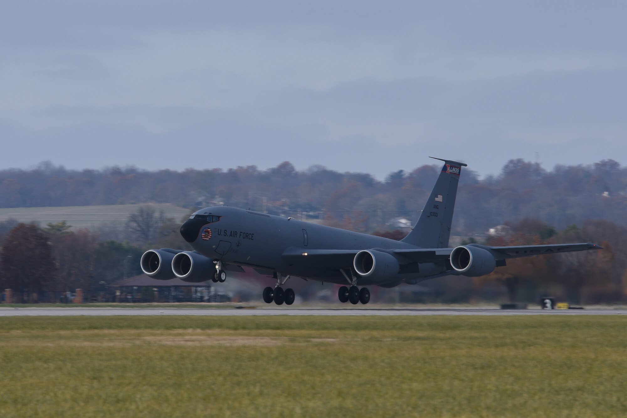 A KC-135R Stratotanker assigned to the 126th Air Refueling Wing at Scott Air Force Base, Ill., launches on a black letter flight, Dec. 5, 2016.  This is the first black letter flight for the 126 ARW and the first time since 2014 for the Air Force. A black letter flight occurs when their are zero discrepancies or maintenance issues on the aircraft. (Air National Guard photo by Staff Sgt. Andrew Kleiser)