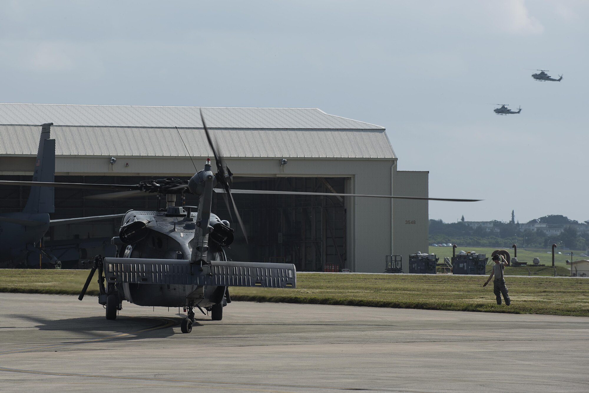 A U.S. Air Force HH-60G Pave Hawk from the 33rd Rescue Squadron taxis out from its parking spot Nov. 30, 2016, at Kadena Air Base, Japan. The HH-60G is also tasked to perform military operations other than war, including civil search and rescue, medical evacuation, disaster response, humanitarian assistance, security cooperation/aviation advisory, NASA space flight support, and rescue command and control. (U.S. Air Force photo by Airman 1st Class Corey Pettis/Released)