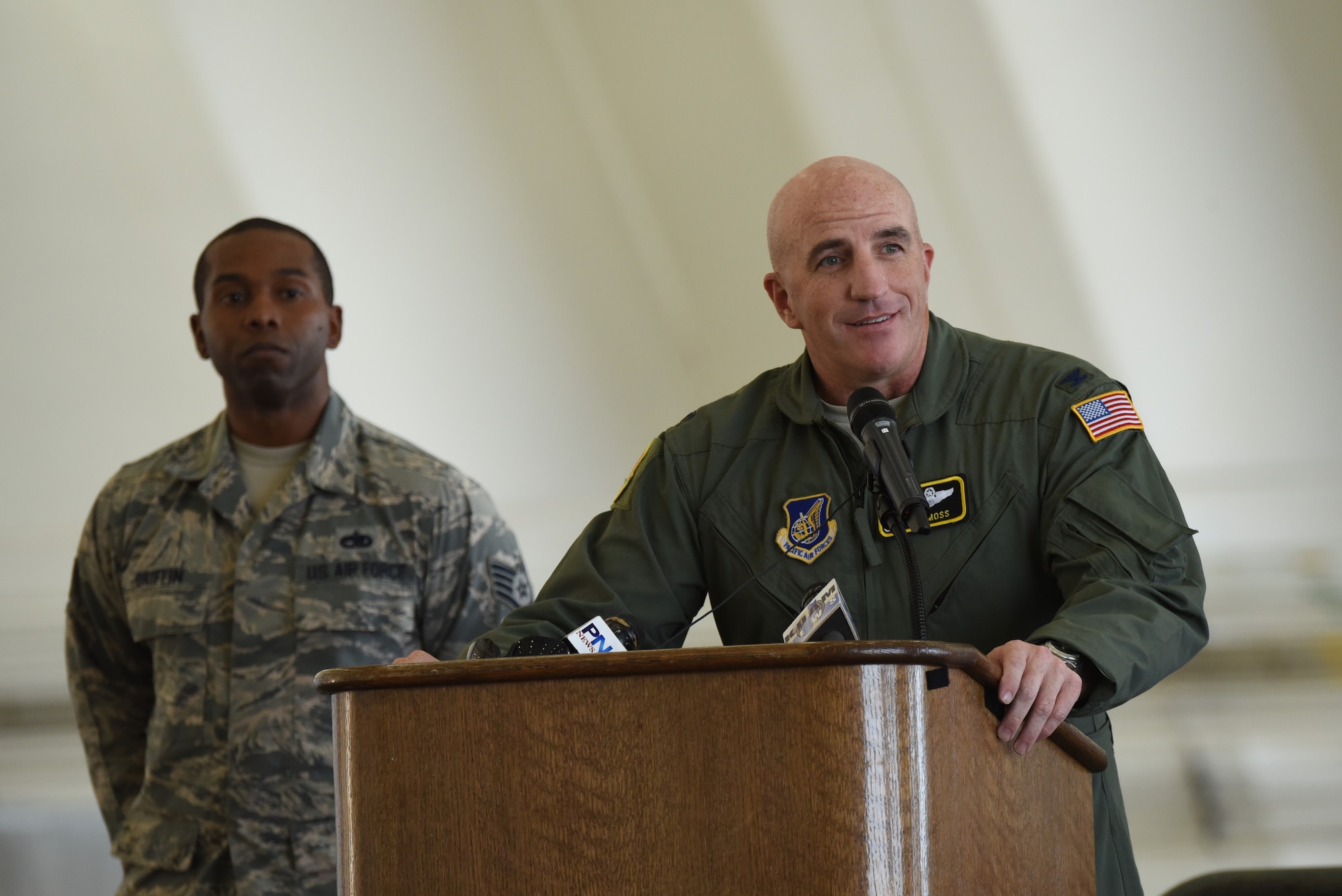 Col. Kenneth Moss, 374th Airlift Wing commander, speaks at the 2016 Operation Christmas Drop Push Ceremony Dec. 6, 2016, at Andersen Air Force Base, Guam. This is the second year of Operation Christmas Drop where aircrews from the Japan Air Self-Defense Force, Royal Australian Air Force and U.S. Air Force come together to train airlift capabilities for peace and wartime. (U.S. Air Force Photo by Airman 1st Class Jacob Skovo)