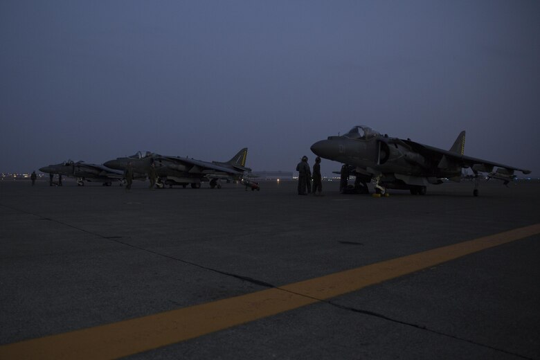 U.S. Marine Corps AV-8B Harriers with Marine Attack Squadron (VMA) 542 sit on display after arrival to Chitose Air Base, Japan, Dec. 5, 2016. The arrival of the Harriers paved the way for the commencement of the Aviation Training Relocation Program. (U.S. Marine Corps photo by Lance Cpl. Joseph Abrego)