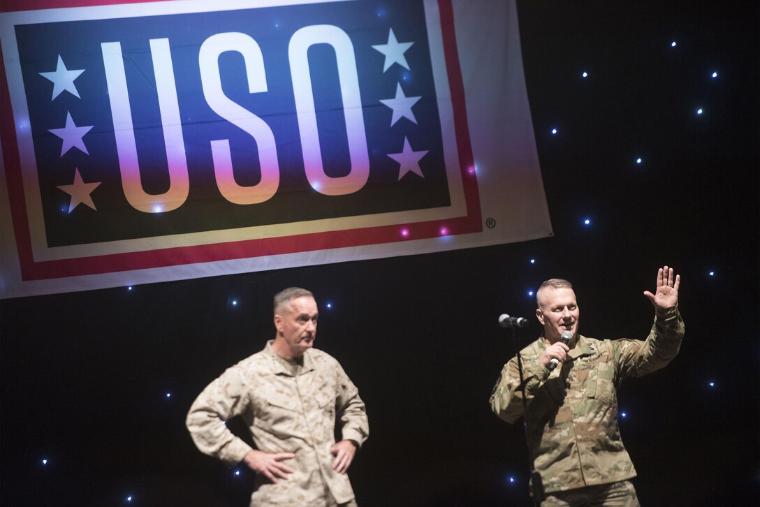 Marine Corps Gen. Joe Dunford, chairman of the Joint Chiefs of Staff, and Army Command Sgt. Maj. John W. Troxell, senior enlisted advisor to the chairman of the Joint Chiefs of Staff, address service members at Incirlik Air Base during the USO Holiday Tour, Dec. 5, 2016. DoD photo by Navy Petty Officer 2nd Class Dominique A. Pineiro