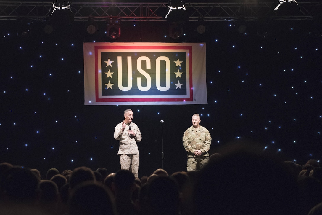 Marine Corps Gen. Joe Dunford, chairman of the Joint Chiefs of Staff, and Army Command Sgt. Maj. John W. Troxell, senior enlisted advisor to the chairman of the Joint Chiefs of Staff, address service members at Incirlik Air Base during the USO Holiday Tour, Dec. 5, 2016. DoD photo by Navy Petty Officer 2nd Class Dominique A. Pineiro
