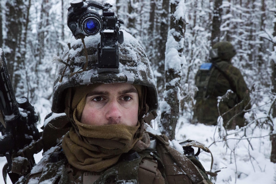 A U.S. Marine, foreground, and a Lithuanian soldier pause while on patrol during Exercise Iron Sword 16 in Rukla Training Area, Lithuania, Nov. 29, 2016. Marine Corps photo by Sgt. Kirstin Merrimarahajara