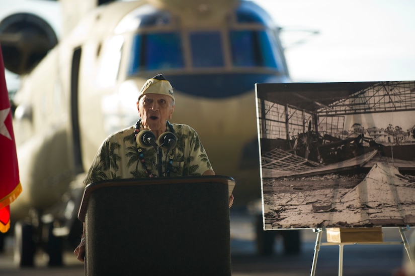 During a wreath-laying and tribute ceremony at Wheeler Army Airfield, Hawaii, Dec. 5, 2016, Pearl Harbor survivor Thomas Petso describes the Dec. 7, 1941, Japanese attack on the field. More than 30 men were killed and 50 injured at the airfield in the attack. DoD photo by Lisa Ferdinando 