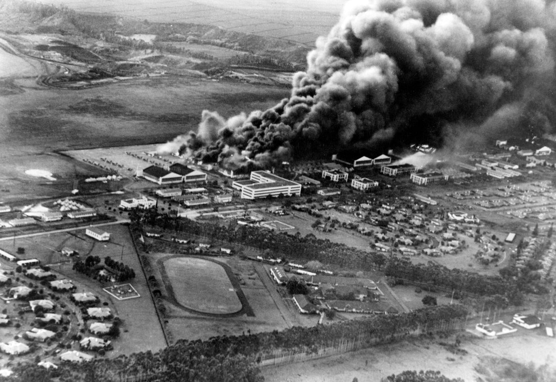 Planes and hangars burning at Wheeler Army Base during the Japanese attack on Pearl Harbor, Hawaii, Dec. 7, 1941. Navy photo