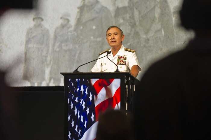 Navy Adm. Harry Harris, commander of U.S. Pacific Command,  speaks at a tribute for Japanese-American veterans who served in World War II, Honolulu, Hawaii, Dec. 5, 2015. The "Fighting Two Wars" event honored the bravery and loyalty of the Japanese Americans who served after Pearl Harbor, even in the face of discrimination and distrust. DoD photo by Lisa Ferdinando.  