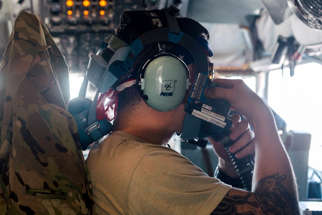 Air Force Senior Airman Eric Medina prepares for a flight inside a KC-135 Stratotanker at Al Udeid Air Base, Qatar, Dec. 1, 2016. Medina is a boom operator assigned to the 340th Expeditionary Air Refueling Squadron. Air Force photo by Senior Airman Jordan Castelan