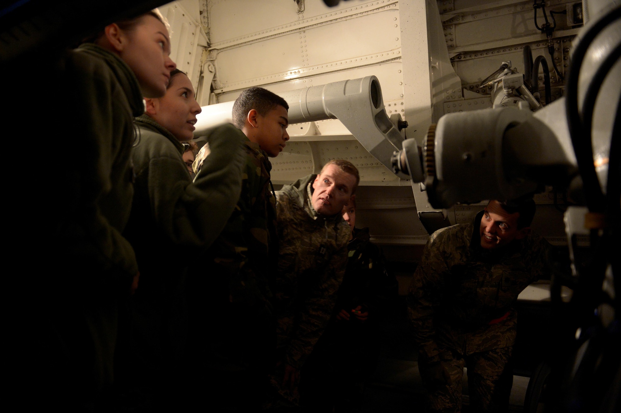 Civil Air Patrol cadets from Squadron 126 are given a tour of a C-17 Globemaster III by the 726th Air Mobility Squadron at Spangdahlem Air Base, Germany, Dec. 1, 2016. The CAP is celebrating their 75th anniversary. (U.S. Air Force photo by Staff Sgt. Jonathan Snyder)