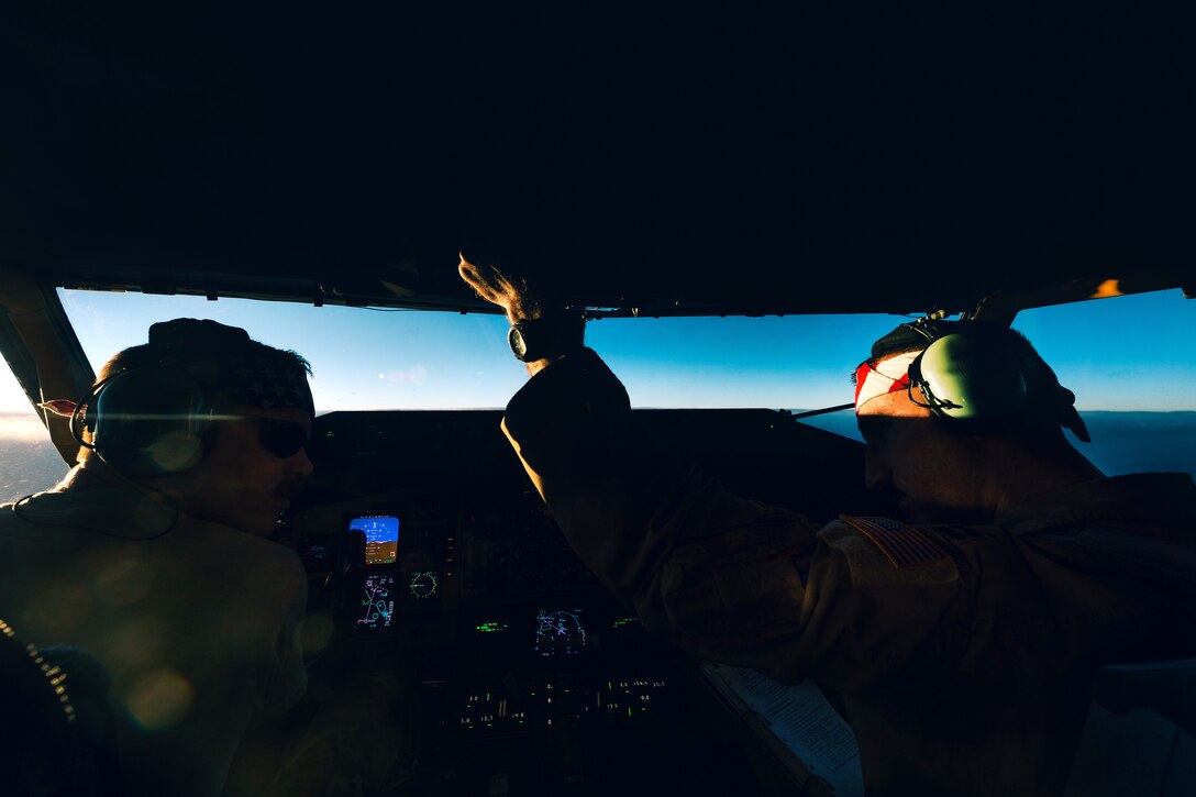 Air Force Capts. John Diaz and Jason Whitehead fly a KC-135 Stratotanker aircraft during a refueling mission over Iraq, Dec. 1, 2016. Diaz and Whitehead are pilots assigned to the 340th Expeditionary Air Refueling Squadron. Air Force photo by Senior Airman Jordan Castelan
