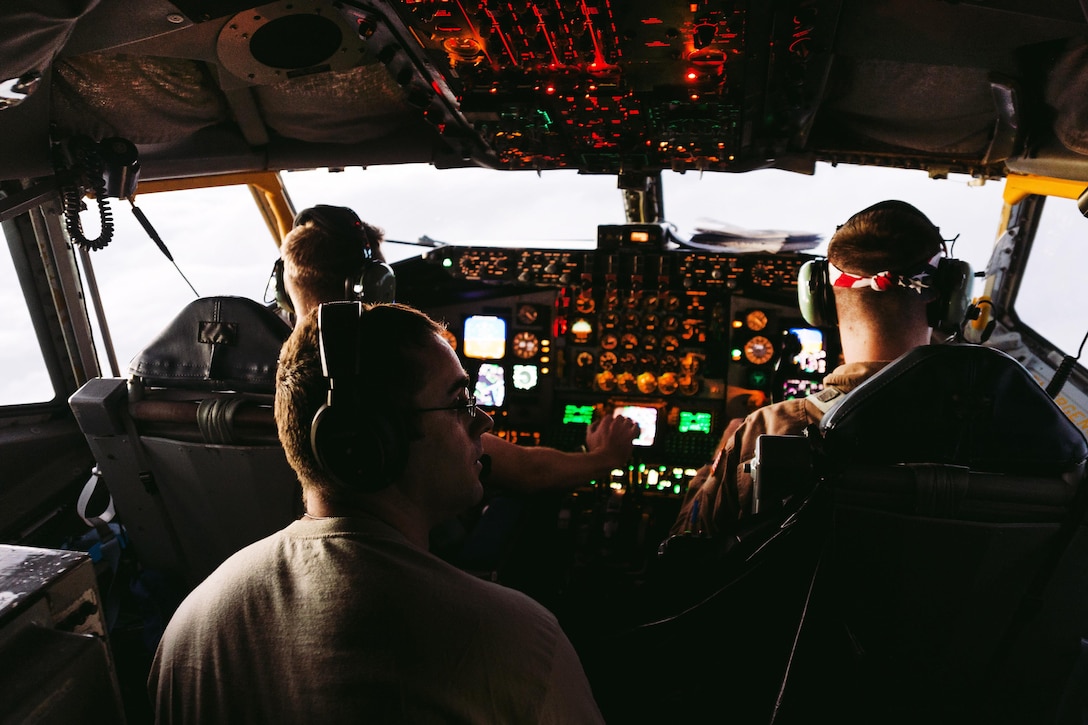 From left to right: Air Force Capt. John Diaz, Capt. Jason Whitehead, background, and Maj. John Troja, foreground, fly a KC-135 Stratotanker aircraft during a refueling mission over Iraq, Dec. 1, 2016. Diaz, Whitehead and Troja are pilots assigned to the 340th Expeditionary Air Refueling Squadron. Air Force photo by Senior Airman Jordan Castelan