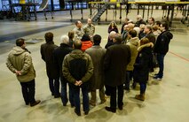 Members of the Weilerbach Union Community Council gather to hear Brig. Gen. Richard G. Moore Jr., 86th Airlift Wing commander, and Chief Master Sgt. Aaron Bennett, 86th AW command chief, during a base tour at Ramstein Air Base, Germany, Dec. 2, 2016. The tour was part of Ramstein’s community relations program aimed at enriching relationships with local community leaders. (U.S. Air Force photo by Tech. Sgt. Sara Keller)