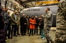 Members of the Weilerbach Union Community Council gather to hear Brig. Gen. Richard G. Moore Jr., 86th Airlift Wing commander, and Chief Master Sgt. Aaron Bennett, 86th AW command chief, during a base tour at Ramstein Air Base, Germany, Dec. 2, 2016. The tour was part of Ramstein’s community relations program aimed at enriching relationships with local community leaders. (U.S. Air Force photo by Tech. Sgt. Sara Keller)