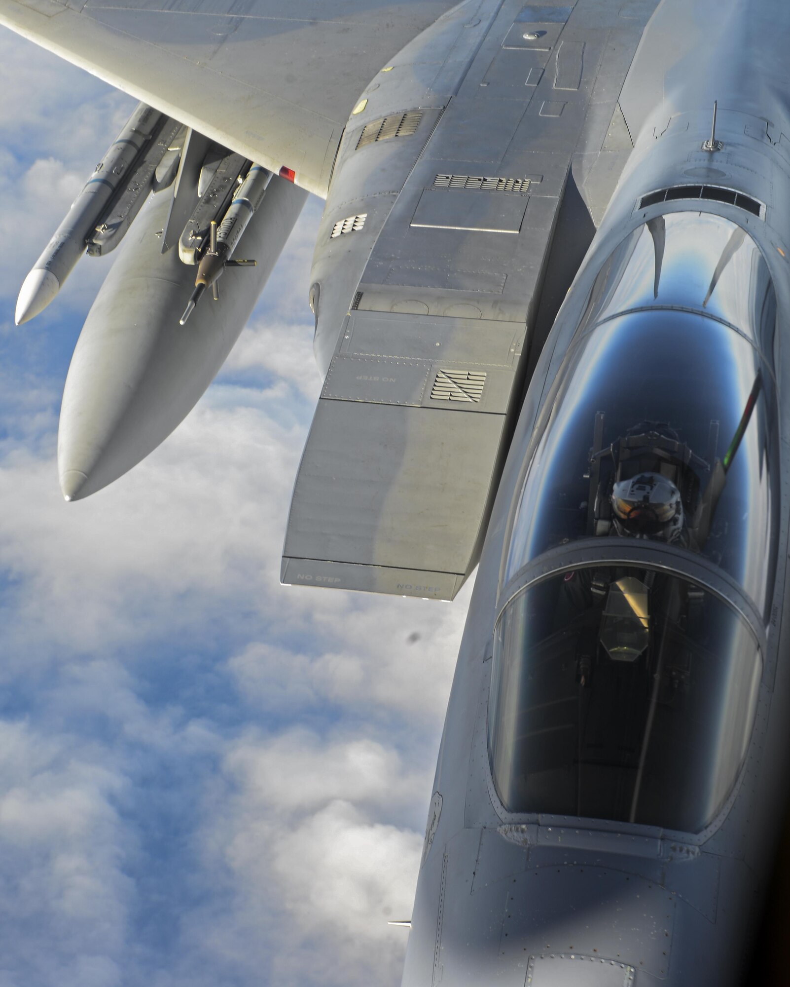 An U.S. Air Force F-15C Eagle assigned to the 48th Fighter Wing from RAF Lakenheath, England, prepares to take fuel from a KC-135 Stratotanker assigned to the 349th Air Mobility Wing from Beale Air Force Base, Calif., Dec. 2, 2016, over the Atlantic Ocean. Both the F-15D and F-15C models are equipped with a Production Eagle Package which enables them to carry 2,000 pounds of additional internal fuel and have a maximum takeoff weight of up to 68,000 pounds. (U.S. Air Force photo by Staff Sgt. Micaiah Anthony)