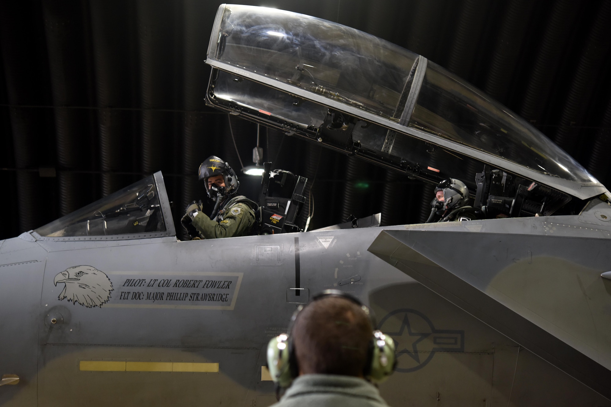 A U.S. Air Force pilot from the 493rd Fighter Squadron prepares for a flight at RAF Lakenheath, England, Dec. 2, 2016, on RAF Lakenheath, England. Flying with the pilot was U.S. Air Force Col. Thomas Torkelson, 100th Air Refueling Wing commander. Torkelson flew in an F-15D Eagle to see the air refueling process from the eyes of a fighter pilot. (U.S. Air Force photo/Airman 1st Class Eli Chevalier)