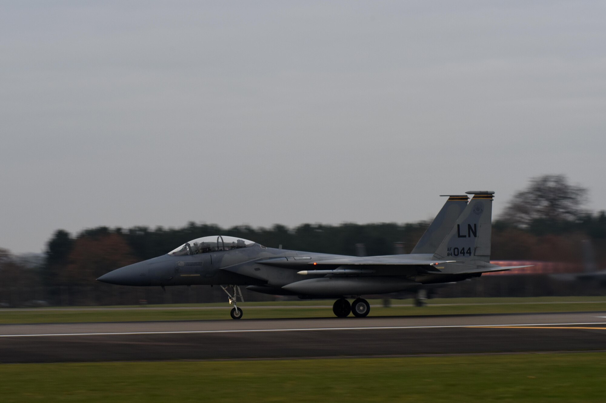 An F-15D Eagle assigned to the 493rd Fighter Squadron takes off Dec. 2, 2016, from RAF Lakenheath, England. The jet carried U.S. Air Force Col. Thomas Torkelson, 100th Air Refueling Wing commander, on a familiarization flight in an F-15. (U.S. Air Force photo/Airman 1st Class Eli Chevalier)