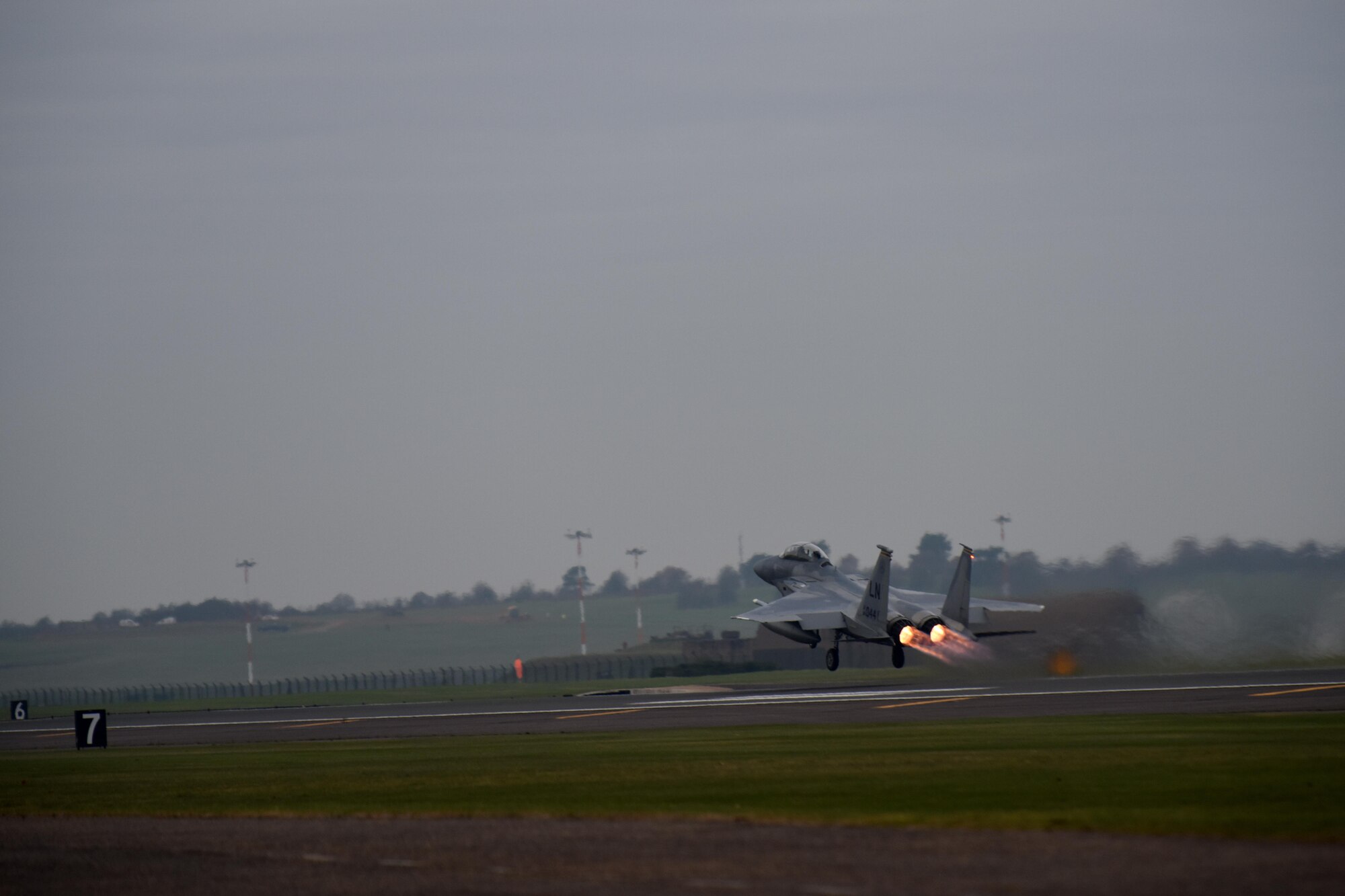 An F-15D Eagle assigned to the 493rd Fighter Squadron takes off Dec. 2, 2016, from RAF Lakenheath, England.  The jet carried U.S. Air Force Col. Thomas Torkelson, 100th Air Refueling Wing commander, on a familiarization flight in an F-15. (U.S. Air Force photo/Airman 1st Class Eli Chevalier)  