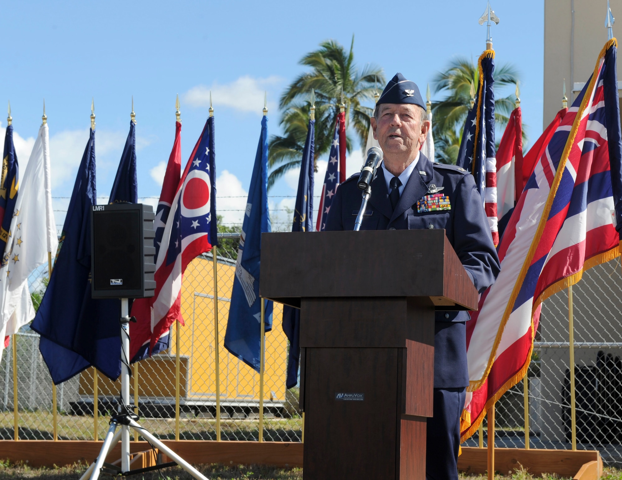 U.S. Air Force retired Colonel Robert Blake speaks during the tower dedication ceremony in honor of his father, Lt. Gen. Gordon A. Blake, at Joint Base Pearl Harbor-Hickam Dec. 5, 2016. During the attack on Pearl Harbor, then Major Blake, was the base operations officer at Hickam Field and earned the Silver Star for his actions during the attack. Dec. 7, 2016 marks the 75th anniversary of the attacks and the U.S. military and State of Hawaii are hosting a series of remembrance events to honor the Pacific Theater's veterans. (U.S. Air Force photo by Tech. Sgt. Taylor Worley)