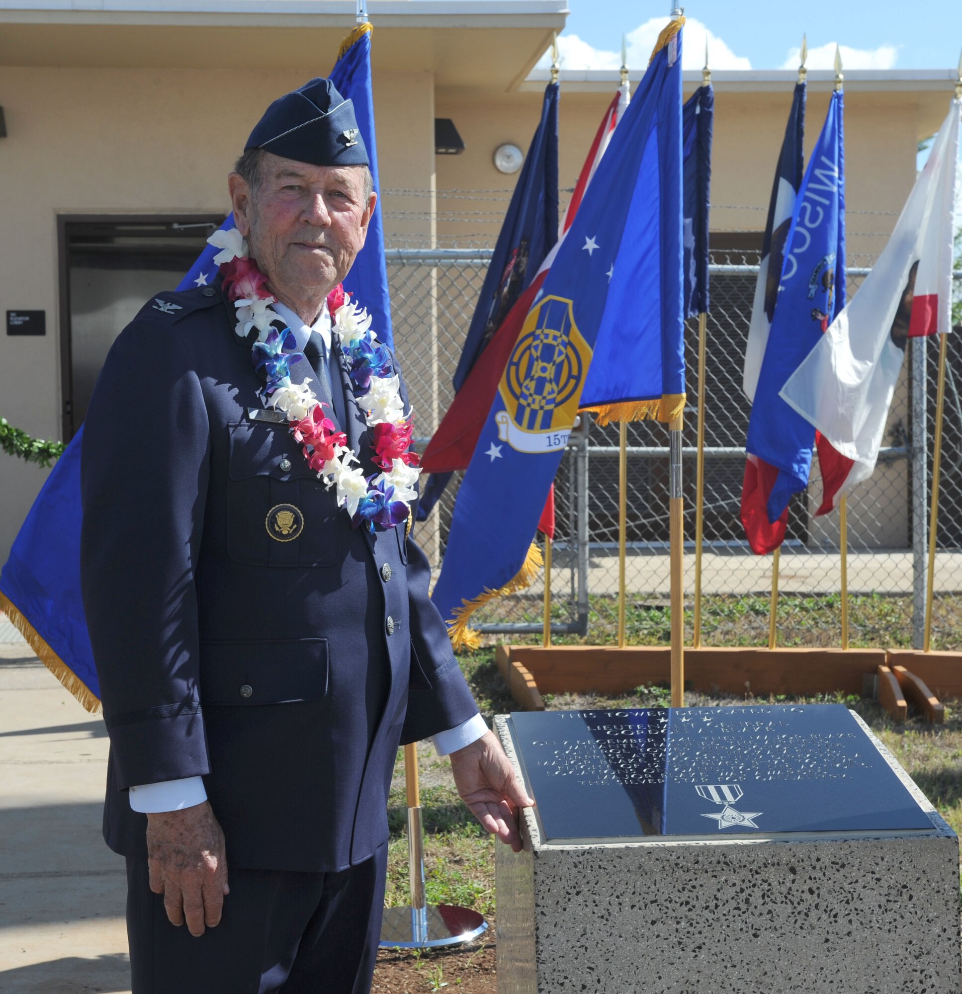 U.S. Air Force retired Colonel Robert Blake, son of Lt. Gen. Gordon A. Blake, stands by the memorial plaque honoring his father during the tower dedication ceremony at Joint Base Pearl Harbor-Hickam Dec. 5, 2016. During the attack on Pearl Harbor Dec. 7, 1941, then Major Blake, was the base operations officer at Hickam Field and earned the Silver Star for his actions during the attack. Dec. 7, 2016 marks the 75th anniversary of the attacks and the U.S. military and State of Hawaii are hosting a series of remembrance events to honor the Pacific Theater's veterans. (U.S. Air Force photo by Tech. Sgt. Taylor Worley)