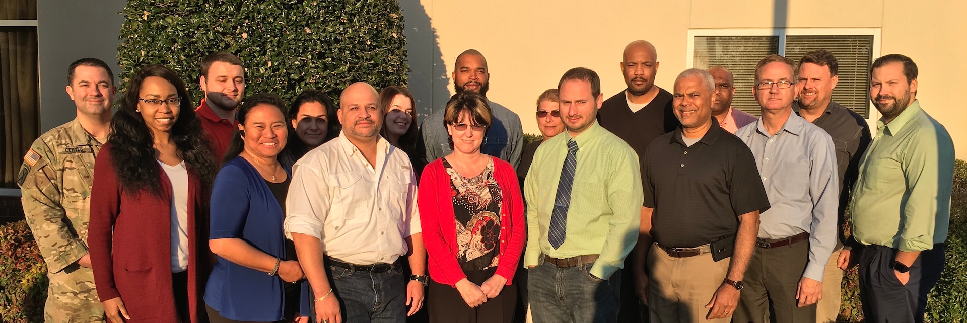 Eighteen Defense Contract Management Agency employees and an employee from the Defense Logistics Agency completed Green Belt training Nov. 18. From left: Army Maj. Christopher Center, Jennifer Peoples, Ryan Miller, Annette McDonald, Adriana Kuhr, Jose Melendez, Jennifer Marasco (DLA), Corey Boykin, Joanne Gergle, Joy Davis-Rafferty, Jeff Beaudoin, Aaron Marlin, Jose Cuevas, Elijah Grant, Wilford Fleming, Rob Hanson, and David Breslin. Not pictured are Sonam Chheda and Michael Oberneder. (DCMA photo courtesy of Continuous Process Improvement)