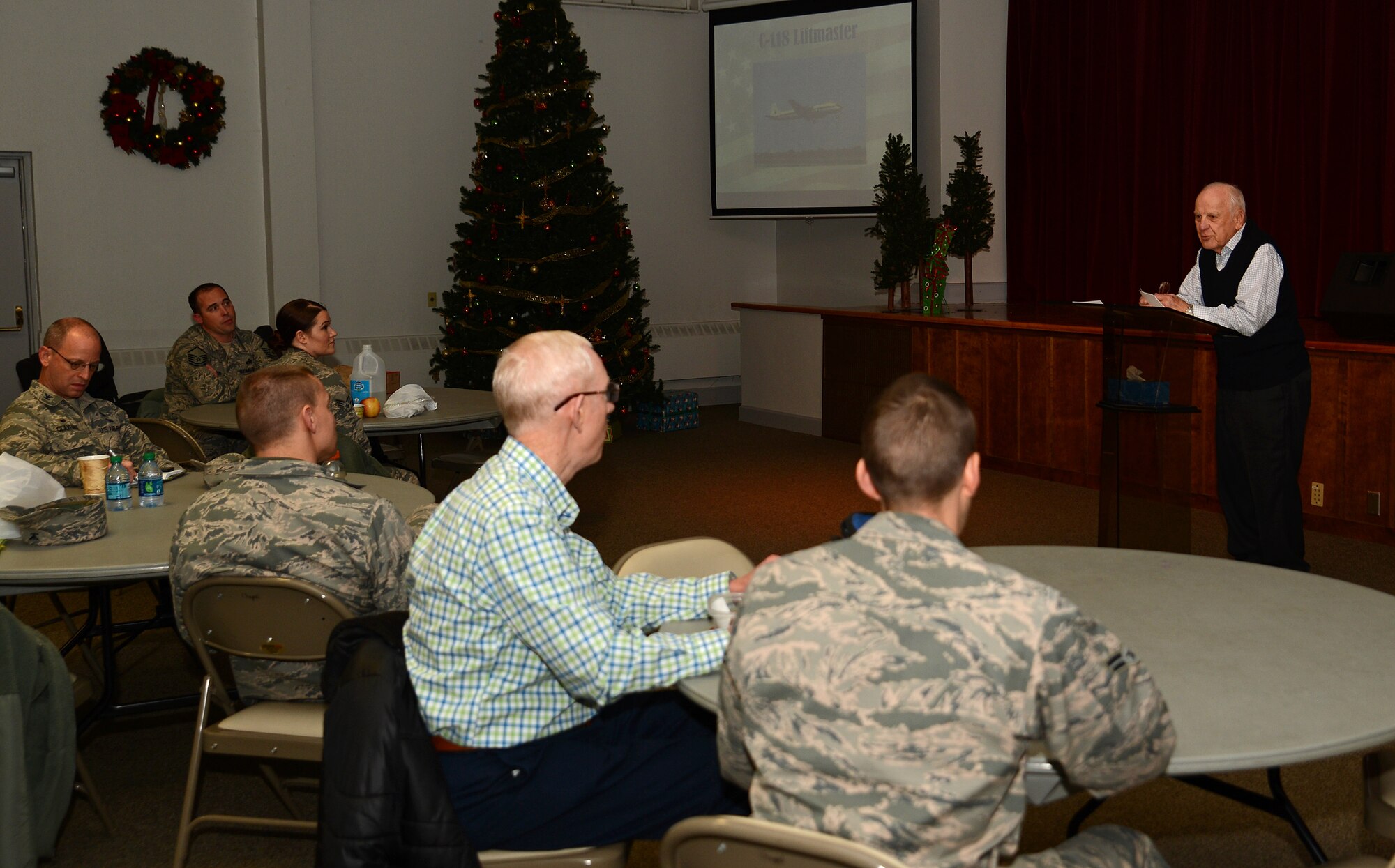 Retired Maj. Gen. Donald Brown (right), former 62nd Airlift Wing commander speaks at the Lunch and Leadership Lecture Dec. 2, 2016, at Joint Base Lewis-McChord, Wash. Brown shared his experiences in the military and spoke about how he’s identified many aspects of leadership displayed by the Airmen he worked with that he didn’t realize during his career.  (U.S. Air Force photo/Senior Airman Jacob Jimenez) 